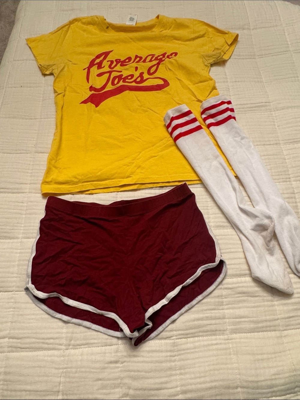 Gildan Yellow Tee with Red Script and White Knee Socks with Red Stripes